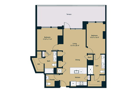 Floor plan for 2 beds, 2.5 baths, 1211 sqft